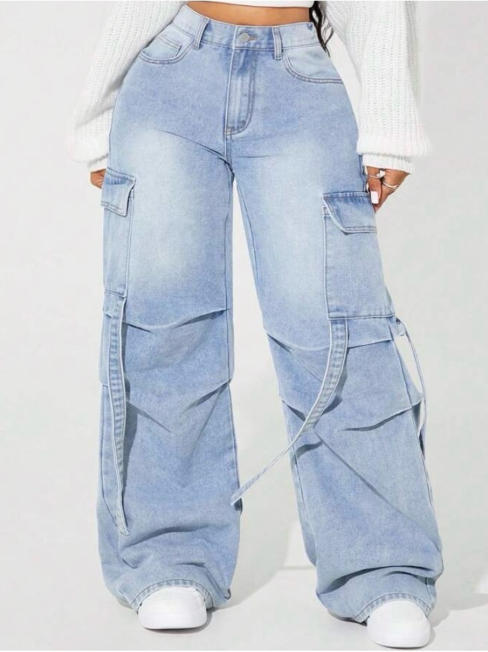 Plus Size Women Pleated Cargo Pocket Casual Denim Jeans